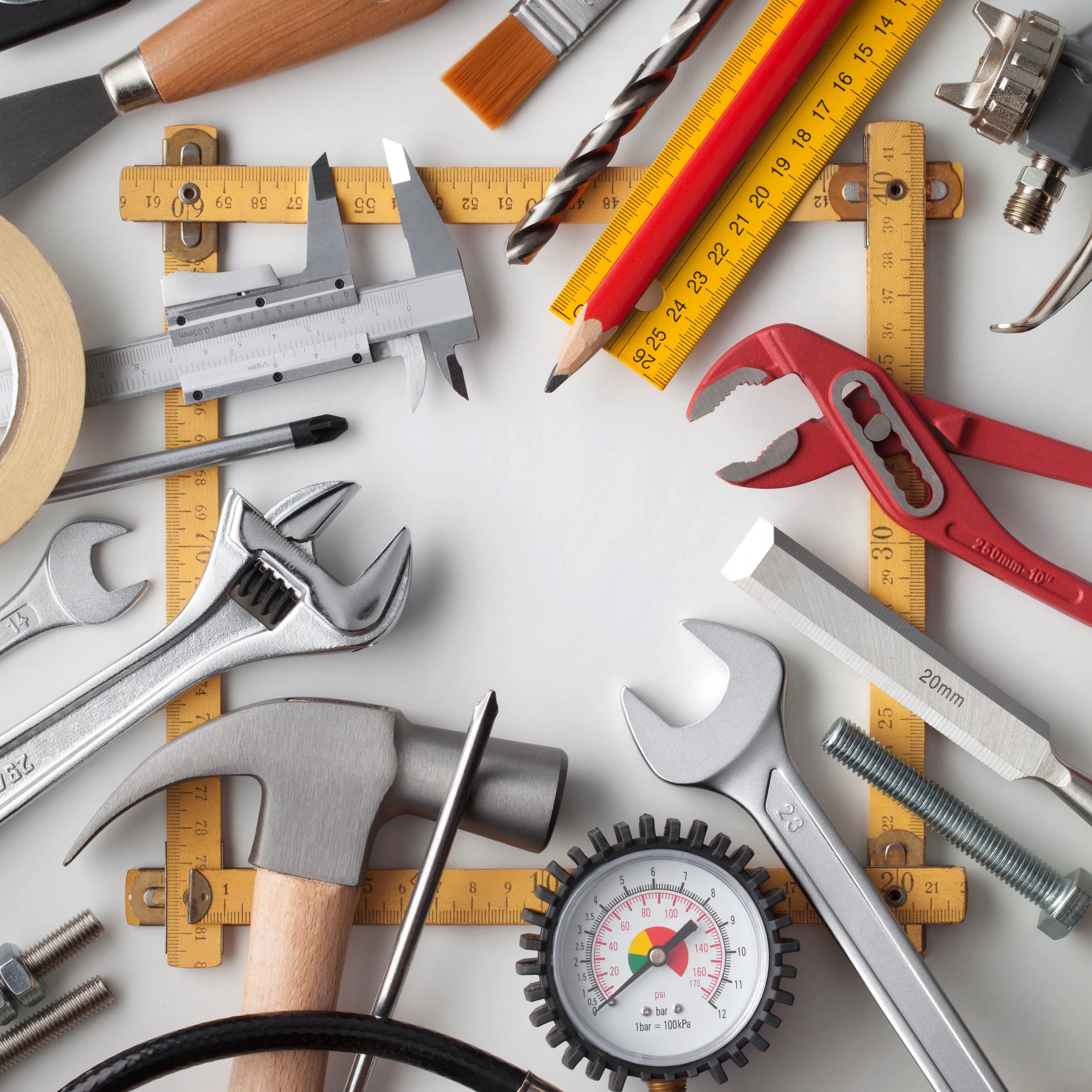Flat lay of hand tools and wrenches